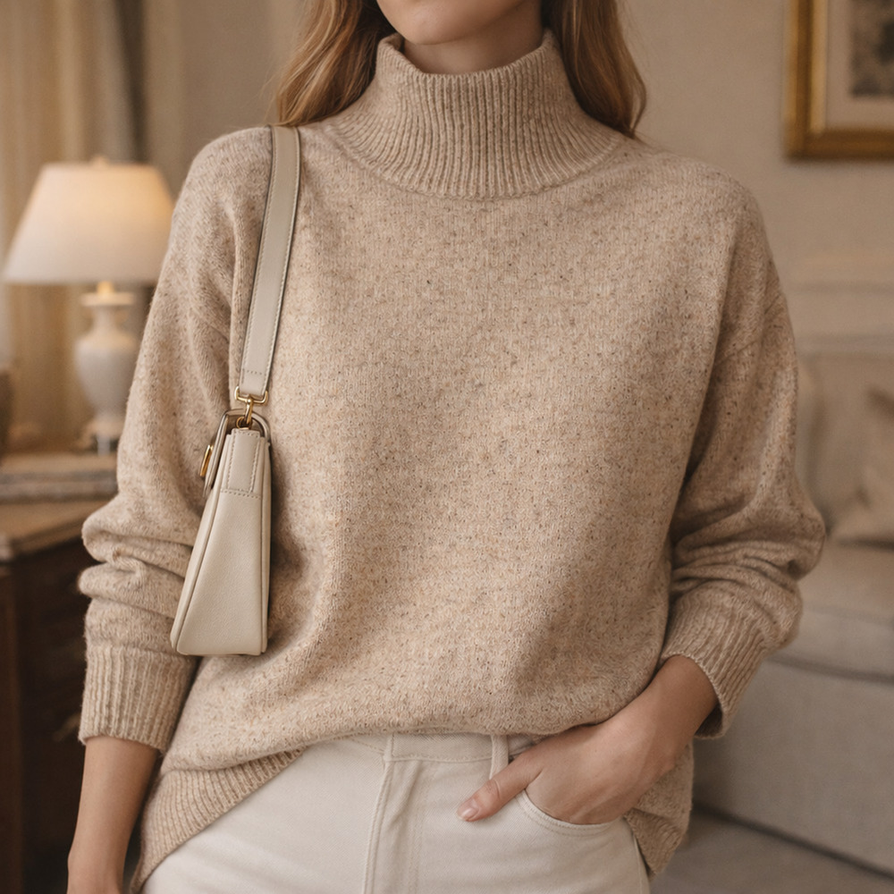 ViCOLO ITALY Sz M Wool Blend Speckled Tan High Neck Sweater Quiet Luxury Jumper